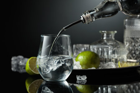Vodka or gin is poured into a glass with ice. On a black reflective background crushed ice and lime slices.の写真素材
