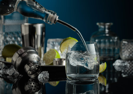 Vodka or gin is poured into a glass with ice. On a black reflective background crushed ice and lime slices.の写真素材