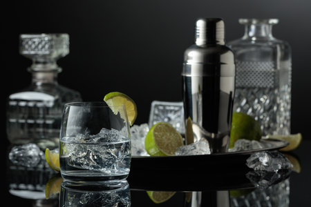 Vodka or gin in a glass with ice. On a black reflective background crushed ice and lime slices.の写真素材