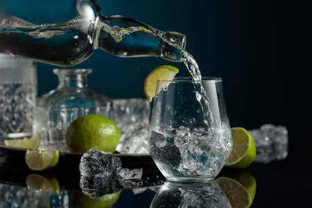 Vodka is poured into a glass with ice. On a black reflective background crushed ice and lime slices.の写真素材