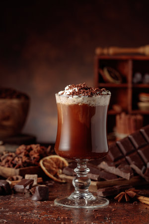 Hot chocolate topped with whipped cream and sprinkled with chocolate chips. A chocolate drink featuring ingredients set against a vintage brown background.の写真素材
