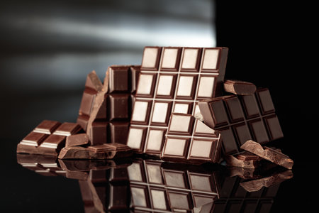 Broken bitter chocolate bars on a black glossy background. Copy space.の写真素材