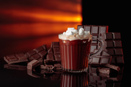 Hot chocolate with mini marshmallow in a glass mug. On a background bitter broken chocolate bar.の写真素材