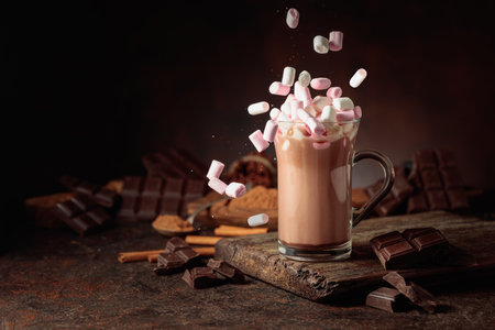 Marshmallows are poured into a mug of hot chocolate drink. A mug of hot chocolate with broken dark chocolate bars and cocoa powder. Copy space.の写真素材