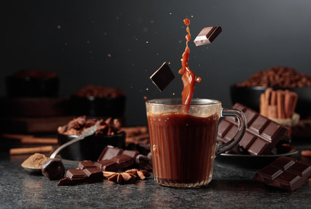 Glass mug of hot chocolate with ingredients on a black kitchen table. Pieces of dark chocolate fall into a mug of cocoa drink, creating a beautiful splash.の写真素材