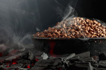 Roasting coffee beans. Black background with copy space.の写真素材