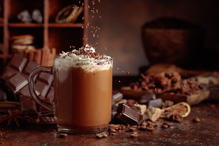 Chocolate drink topped with whipped cream and sprinkled with chocolate chips. A chocolate drink featuring ingredients set against a vintage brown background.の写真素材