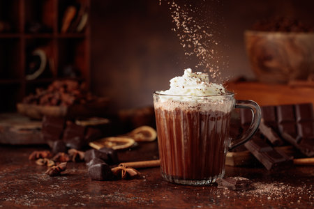 Hot chocolate topped with whipped cream and sprinkled with chocolate chips. A chocolate drink featuring ingredients set against a vintage brown background.の写真素材