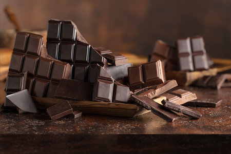 Broken bitter and milk chocolate bars on a brown vintage background.の写真素材
