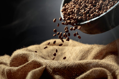 Freshly roasted coffee beans are poured into a bag. Copy space.の写真素材