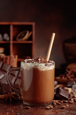 Chocolate drink topped with whipped cream and sprinkled with chocolate chips. A chocolate drink featuring ingredients set against a vintage brown background.の写真素材