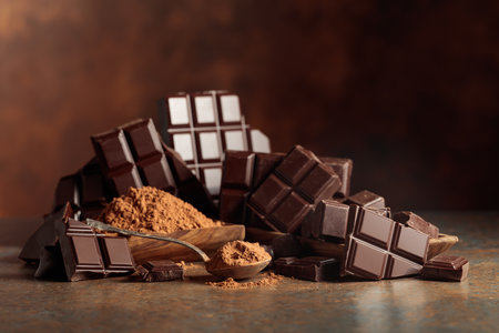 Scraps of dark chocolate next to a wooden bowl of cocoa powder. The warm brown background emphasizes the richness of the chocolate color. Copy space.の写真素材