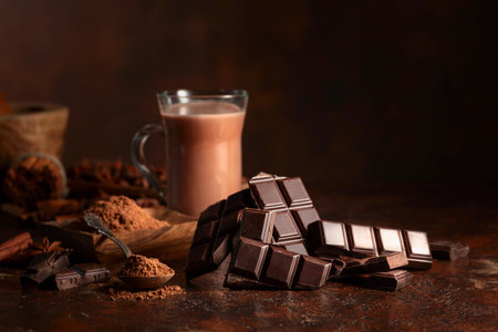 Pieces of bitter chocolate and glass of cocoa drink on a brown vintage table. Copy space.の写真素材