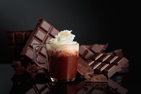 Hot chocolate with whipped cream. On a background bitter broken chocolate bar. Black reflective background with copy space.の写真素材
