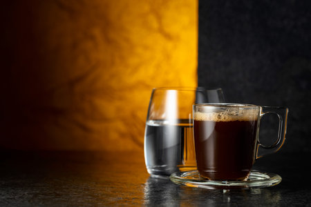 Espresso and glass of cold water on a black stone table. Copy space.の写真素材