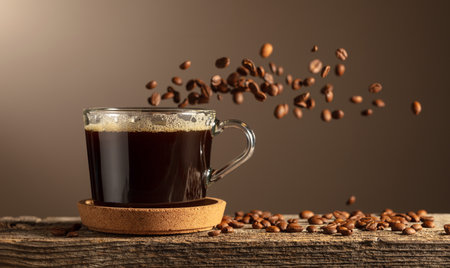 Black coffee in glass cup on an old wooden board. Roasted coffee beans in motion. Copy space.の写真素材