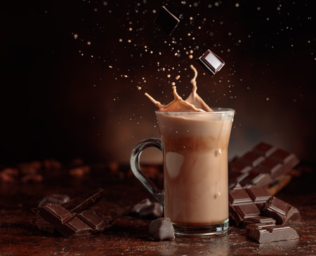 Pieces of bitter chocolate fall in glass mug with cocoa drink creating beautiful splashes. Copy space.の写真素材