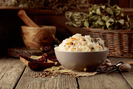 Traditional German sauerkraut with spices on an old rustic wooden table.の写真素材