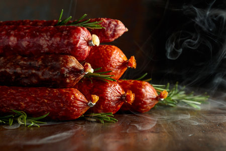 Smoked and dry cured sausages with rosemary on an old wooden table.の写真素材