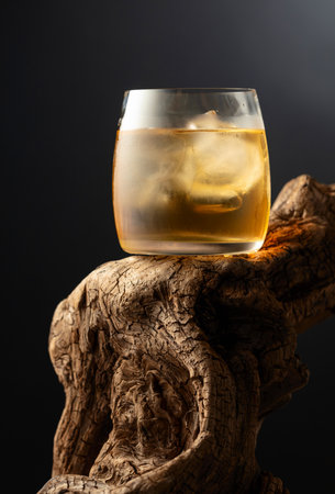 Whiskey with ice in misted glass on an old wooden snag.の写真素材