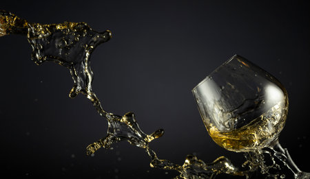 Snifter and brandy splash on a black background. Copy space.の写真素材