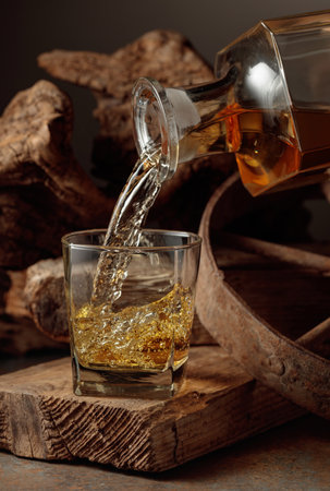 Glass of whiskey on an old wooden board. Whiskey is poured from a decanter into a glass. Vintage background with old wood and rusty metal. Concept of old expensive drinks.の写真素材