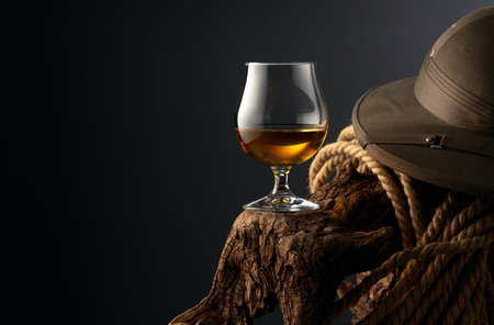 Snifter of brandy, cork tropical helmet and rope on a old wooden snag. Glass with whiskey, cognac or brandy on dark background.の写真素材