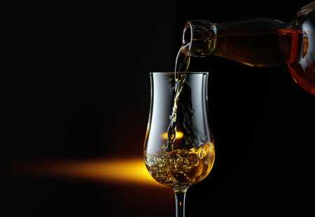 Strong alcoholic drink being poured from a bottle into a glass. Snifter on a black background. Copy space.の写真素材