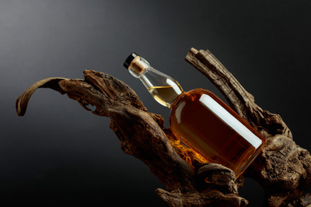 Bottle of whiskey on a old snags. Minimalistic composition on a black background for product branding, identity, and packaging. Copy space.の写真素材