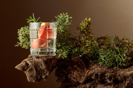 Refreshing beverage with ice, grapefruit, and rosemary on an old snag. In the background, juniper branches with berries.の写真素材