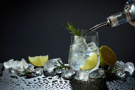 Traditional gin and tonic drink made with dry gin, tonic water, lime, ice, and garnished with rosemary branch. Copy space.の写真素材