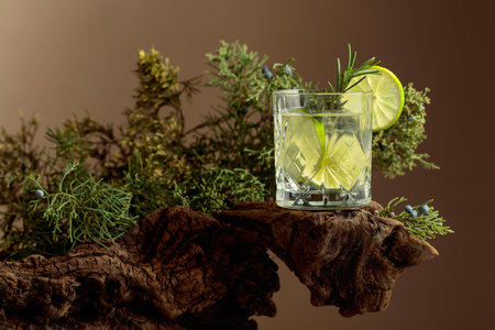 Refreshing hard seltzer with ice, lime, and rosemary on an old snag. In the background, juniper branches with berries.の写真素材