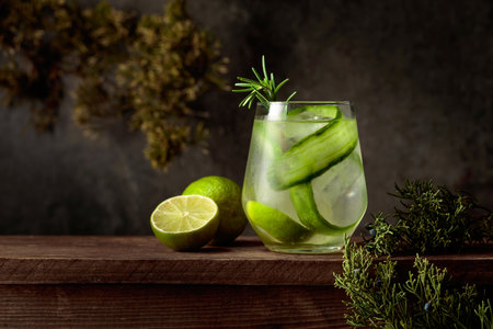 Refreshing drink with ice, lime, cucumber, and rosemary. Light, natural, and pure perfect for those who value eco-friendly choices, a healthy lifestyle, and the true taste of nature.の写真素材