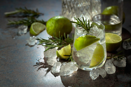 Traditional gin and tonic drink made with dry gin, tonic water, lime, ice, and garnished with rosemary branch.の写真素材