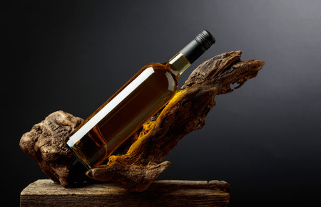 Bottle of white wine on a old snags. Minimalistic composition on a black background. Copy space.の写真素材