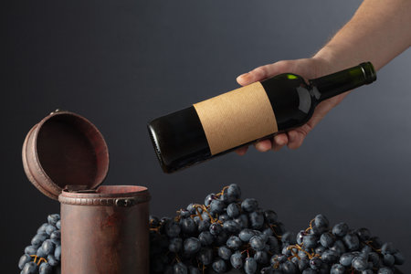 The sommelier places a bottle of red wine in an old wooden box. Wine box and blue grapes on a black background. On a bottle empty label.の写真素材