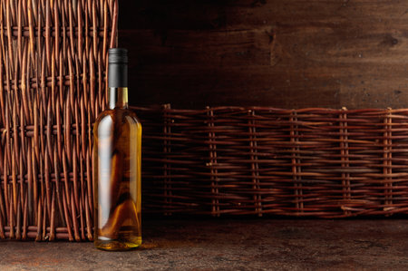 Bottle of white wine on a vintage background. Copy space for your text with rich, full-bodied texture.の写真素材