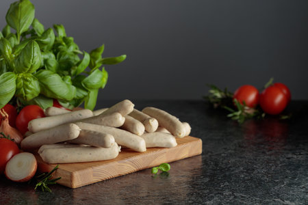 Traditional Bavarian white sausages with basil, onion, rosemary, and tomatoes on a black stone table. Copy space.の写真素材