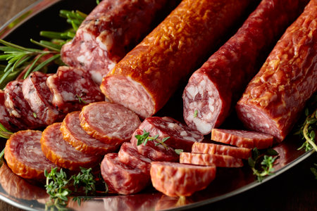 Sliced dry cured sausages with thyme, rosemary, and garlic on an old wooden table.の写真素材