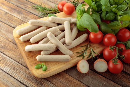Traditional Bavarian white sausages with basil and tomatoes on a wooden cutting board.の写真素材