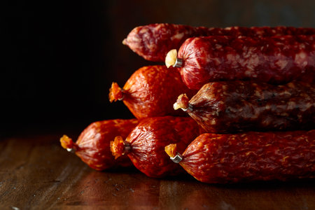 Smoked and dry cured sausages on an old wooden table.の写真素材
