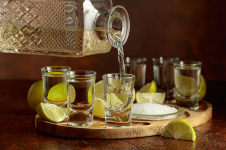 Gold tequila with salt and lime slices on a brown background. Tequila is poured into a glass.の写真素材