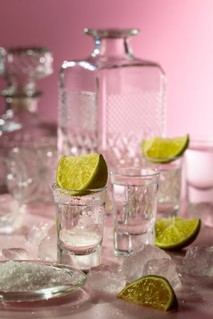 Tequila with lime, sea salt, and crushed ice on a wet pink background.の写真素材