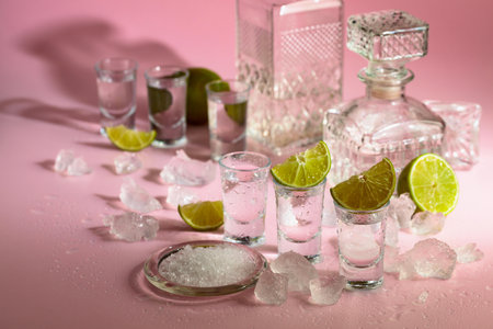 Tequila with lime, sea salt, and crushed ice on a wet pink background.の写真素材