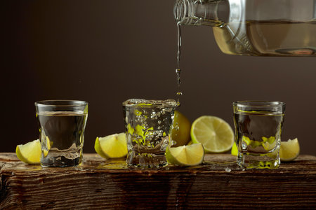 Gold tequila with salt and lime slices on an old wooden board. Tequila is poured from a bottle into a glass.の写真素材