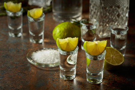 Tequila with lime and sea salt on a vintage background.の写真素材