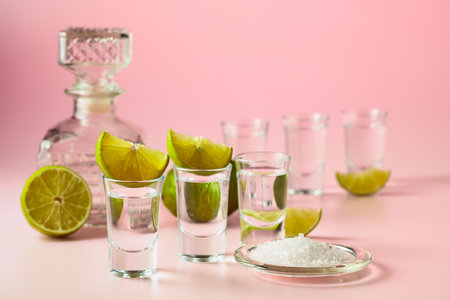 Mexican tequila with lime and sea salt on a pink background. Copy space.の写真素材