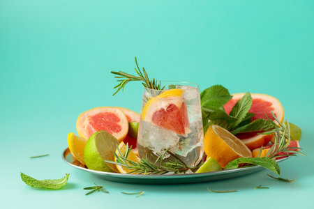A refreshing summer drink with ice, citrus, rosemary and mint. Green background with copy space.の写真素材