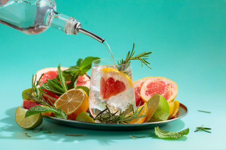 Cocktail with ice, citrus, rosemary and mint. Gin or rum is poured from a bottle into a glass. Green background with copy space.の写真素材