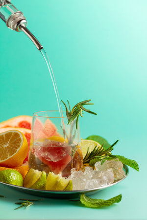 Cocktail with ice, citrus, rosemary and mint. Gin or rum is poured from a bottle into a glass. Green background with copy space.の写真素材